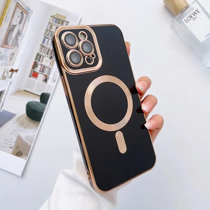 JASTER Luxury Electroplated Magnetic Wireless Charge Case for 15 14 13 12 11 Pro Max Soft Silicone Shockproof Back Cover