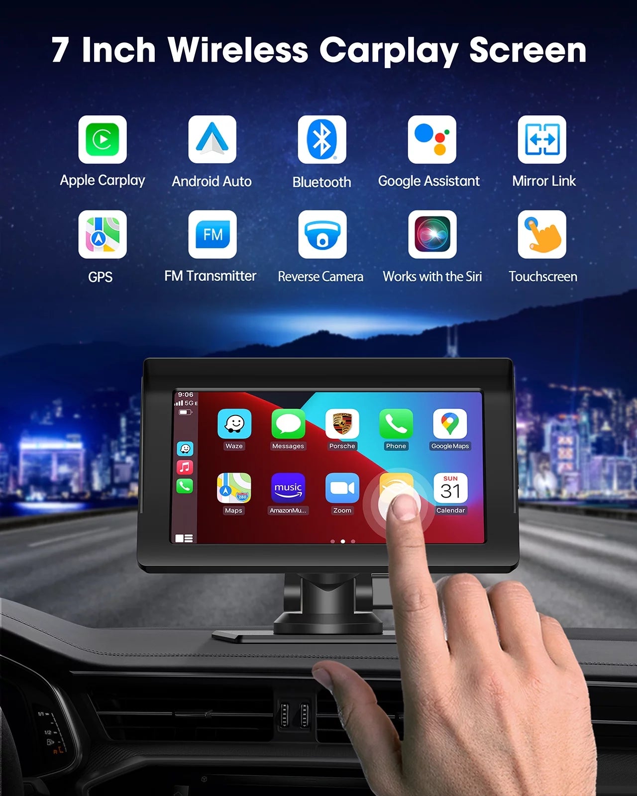 Wireless Apple Carplay &amp; Android Auto for Car Stereo, Portable 7 Inch Apple Car Play Touch Screen Sync GPS Navigation Audio Car Radio Receiver