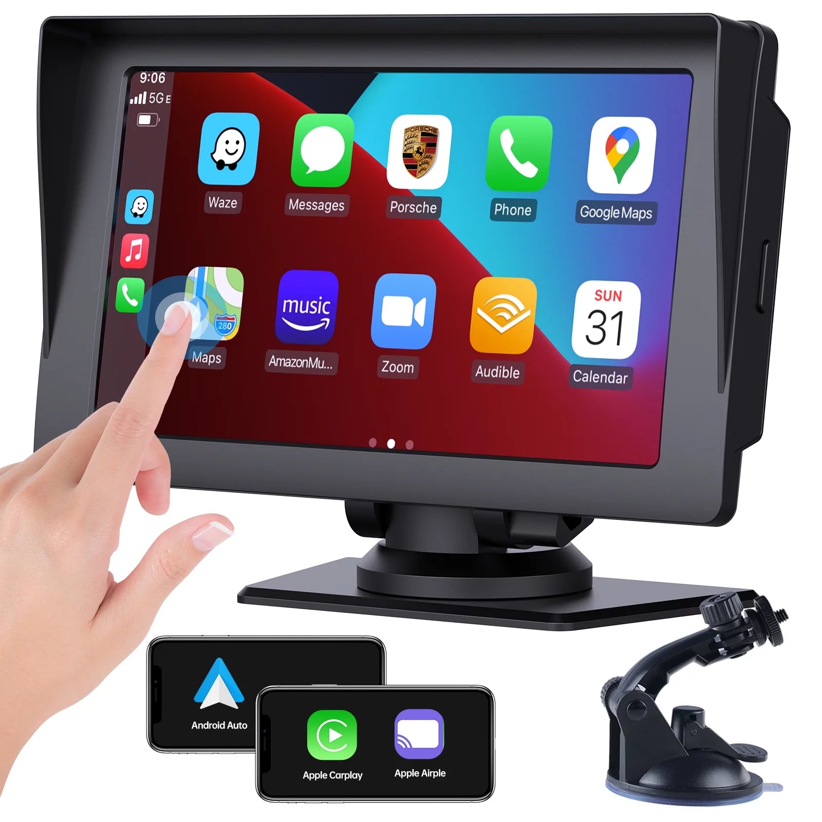 Wireless Apple Carplay &amp; Android Auto for Car Stereo, Portable 7 Inch Apple Car Play Touch Screen Sync GPS Navigation Audio Car Radio Receiver