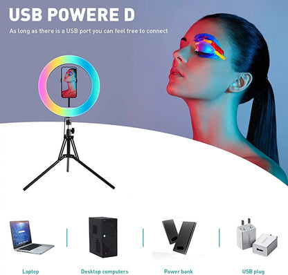 13&quot; LED RGB Selfie Ring Light W/ Mini &amp; Extendable Tripod Stand &amp; Phone Holder 10 Brightness Level 26 Light Modes Dimmable Ringlight for Beauty Makeup Live Streaming Youtube Video Photography Shooting